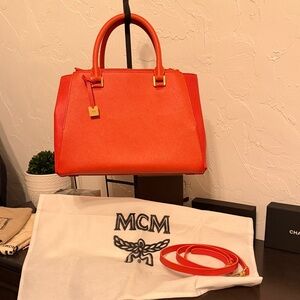 MCM Vibrant coral orange color Satchel